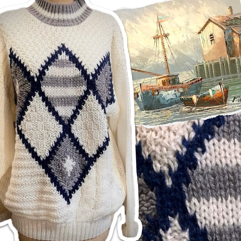 Vintage fisherman’s sweater chunky cable‎ knit maritime nautical 80s  navy blue